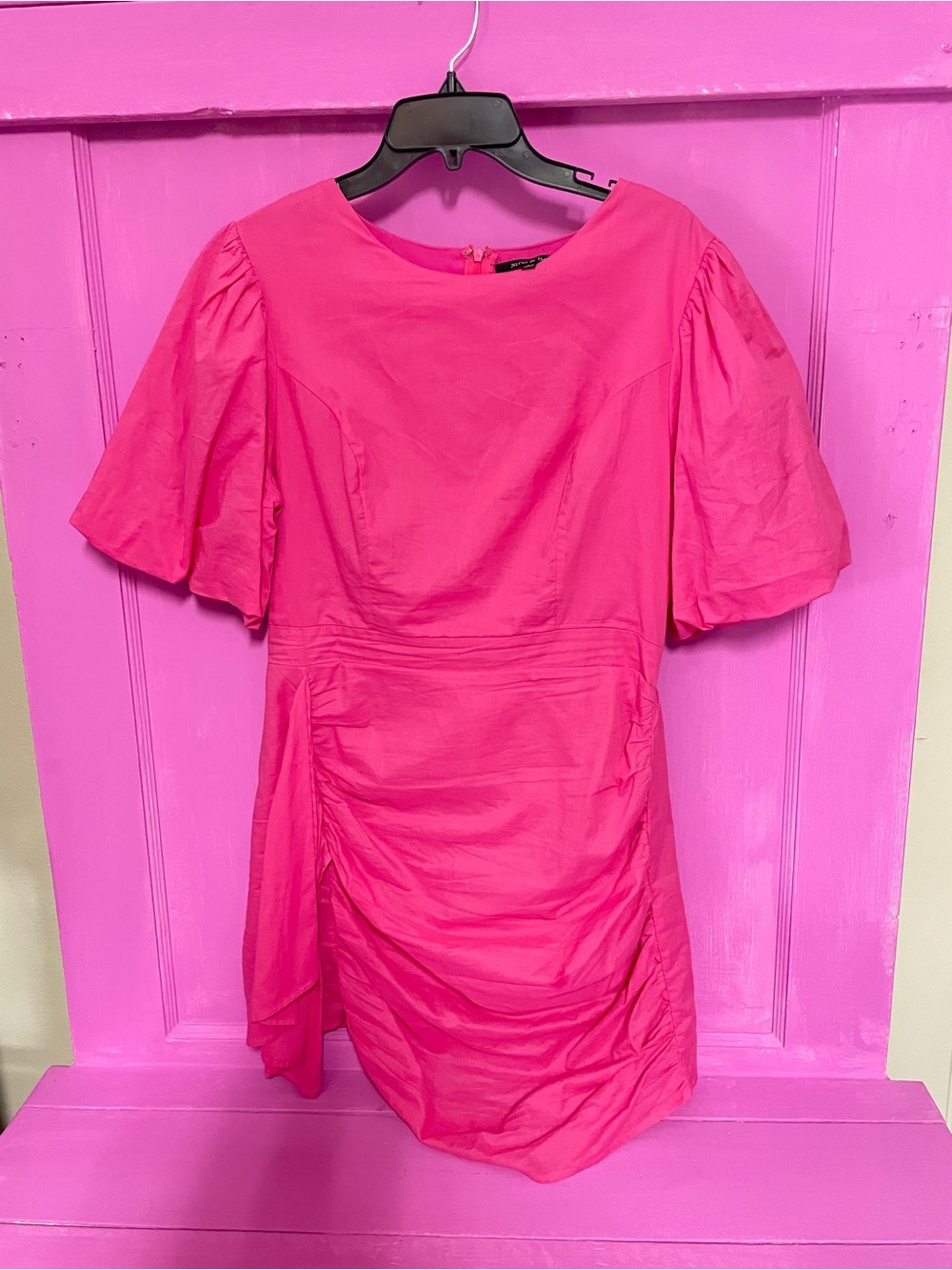 Women's Hot Pink Short Sleeve Ruched Dress